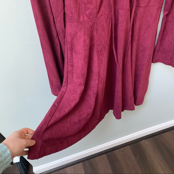 Maroon Suede Lace Up Bell Sleeve Dress - Picture 5 of 7